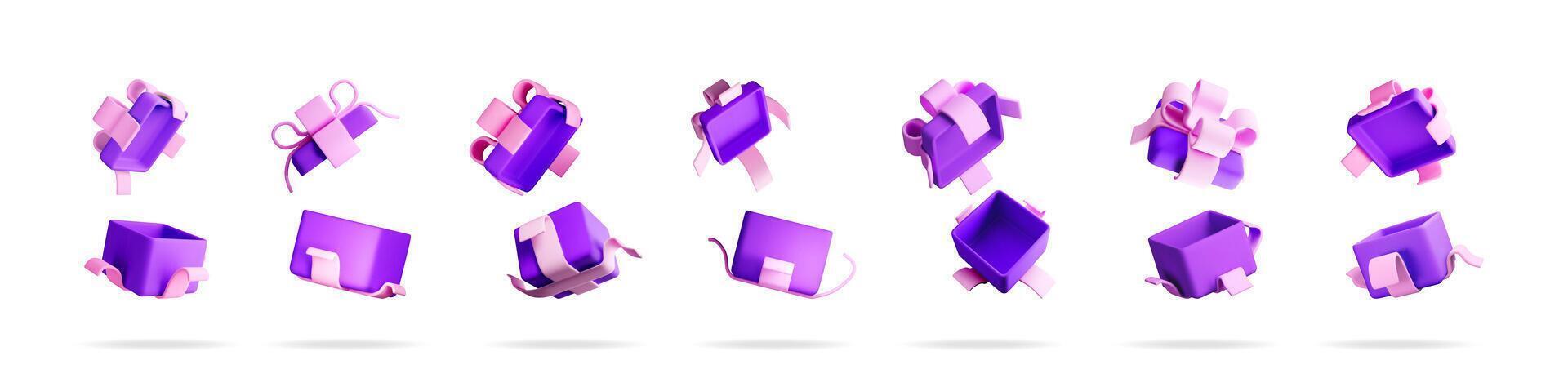 Open gift box set with purple and pink ribbon vector