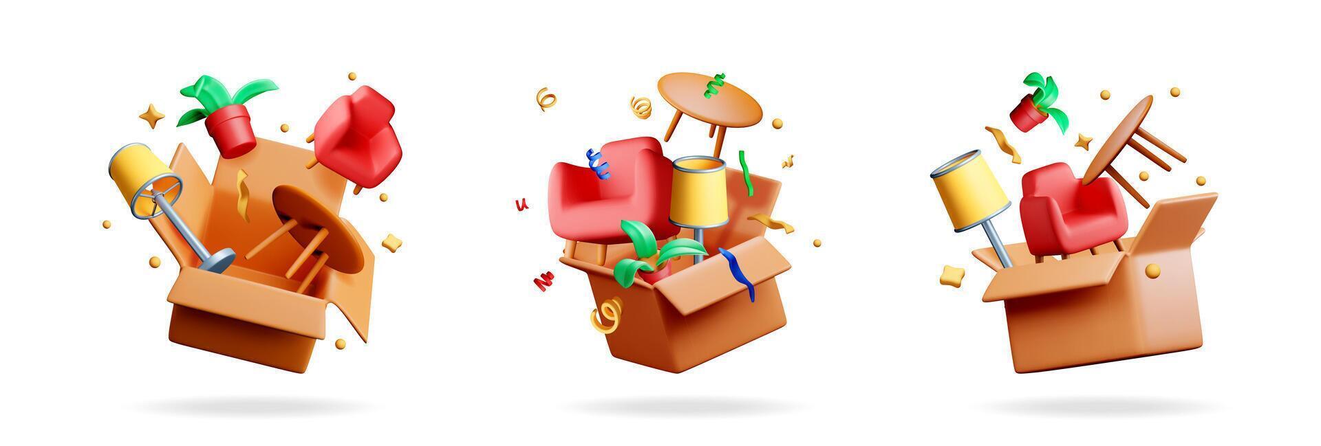 Falling boxes with furniture and plants vector
