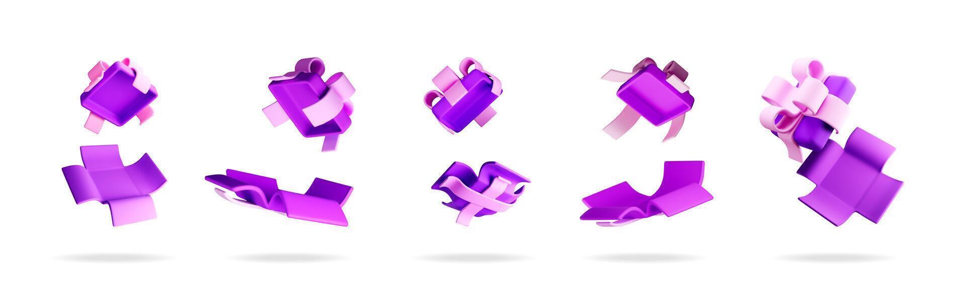 Purple 3d gift boxes opening and closing vector