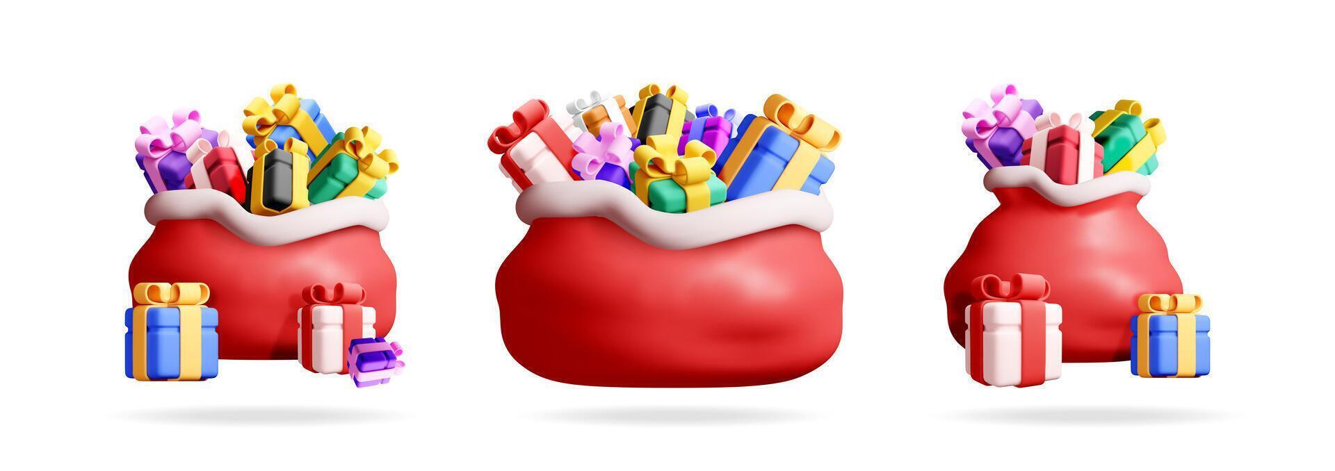 Three dimensional santa bag full of colorful gifts vector