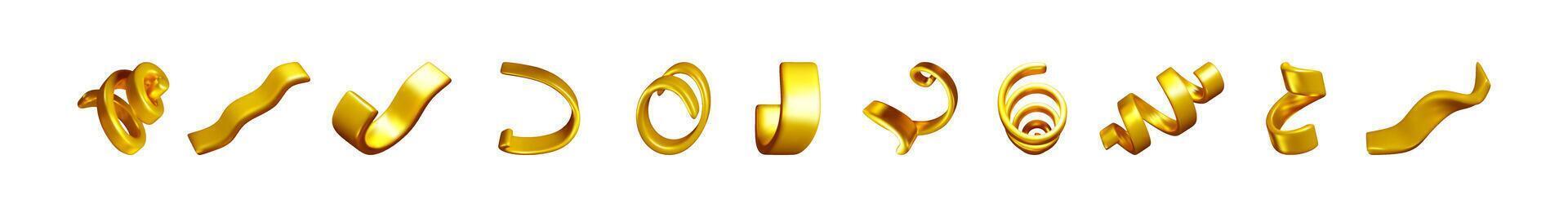 Set of 3d golden ribbon in various abstract shapes vector