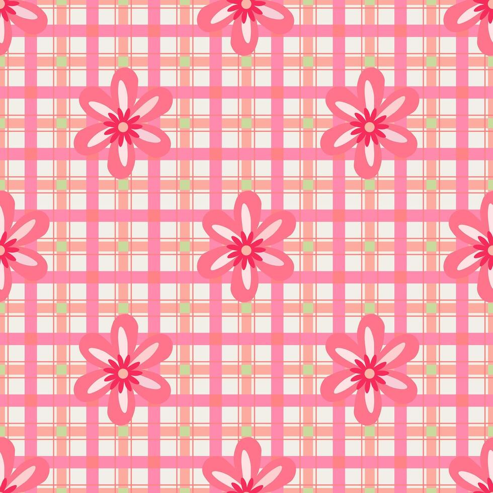 A charming floral pattern on a delicate pink plaid background vector