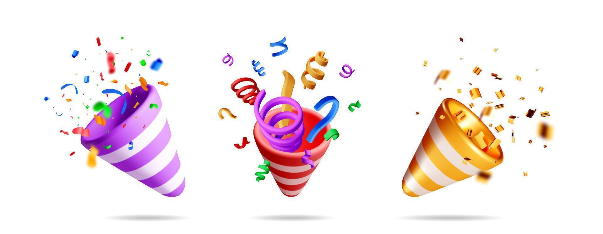 3d party poppers with exploding confetti vector