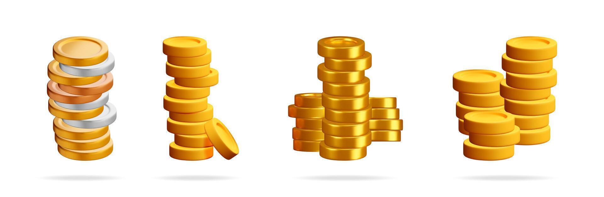 Piles of gold, silver, and copper coins vector