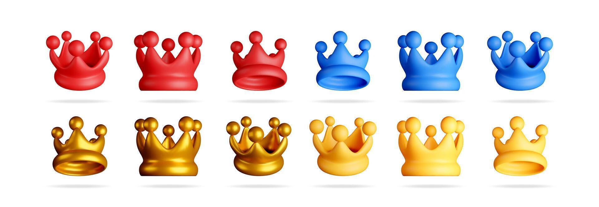 3d crowns in red, blue, and gold vector