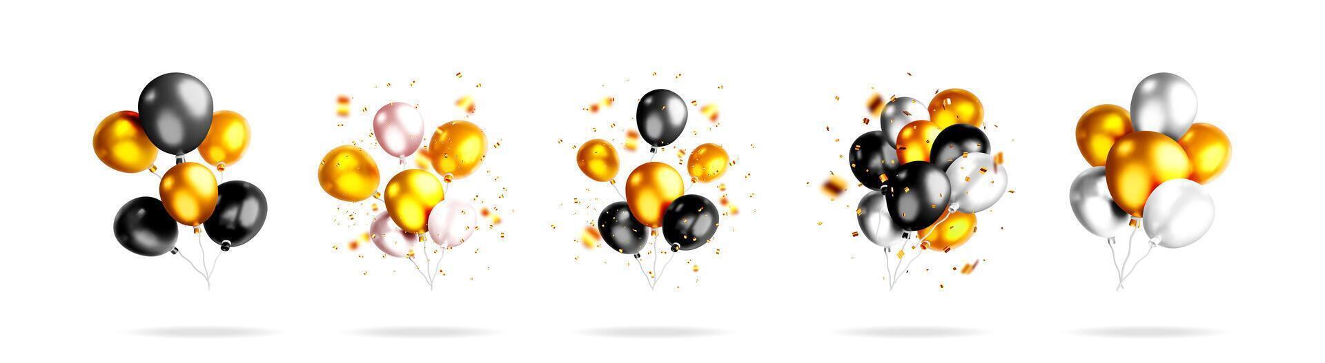3D set of realistic balloons bundle with confetti vector