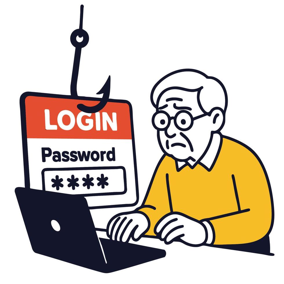 Concerned elderly man using laptop for login, feeling anxious about password security vector