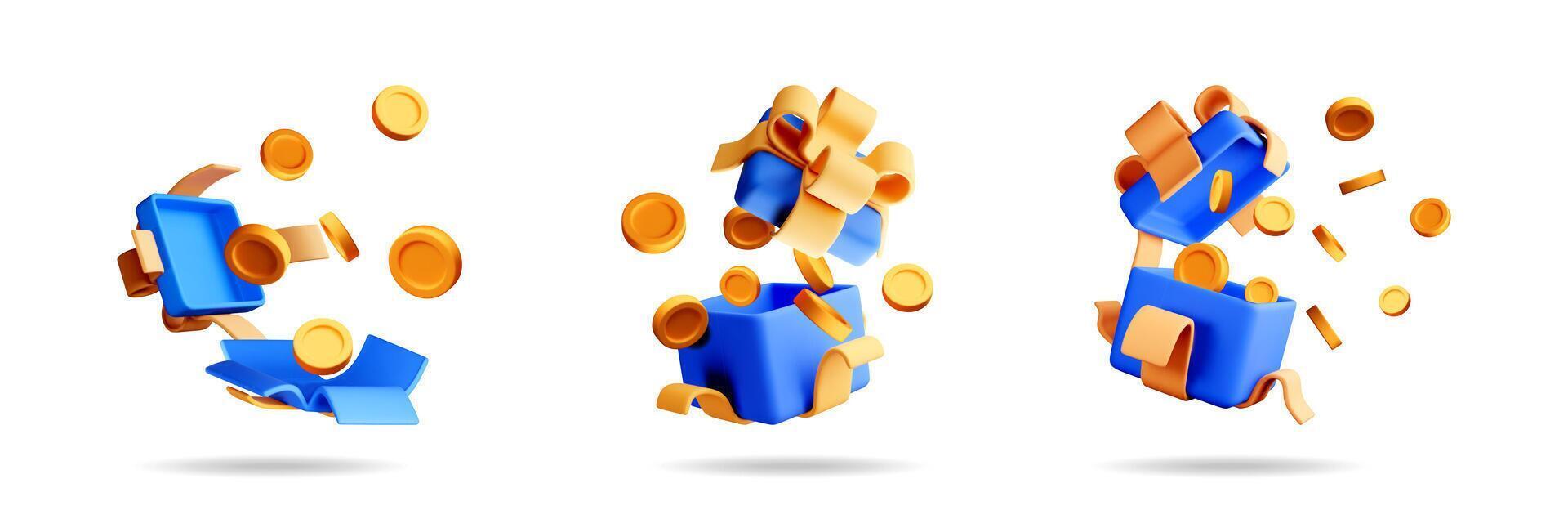 Blue gift boxes with golden coins and ribbons vector