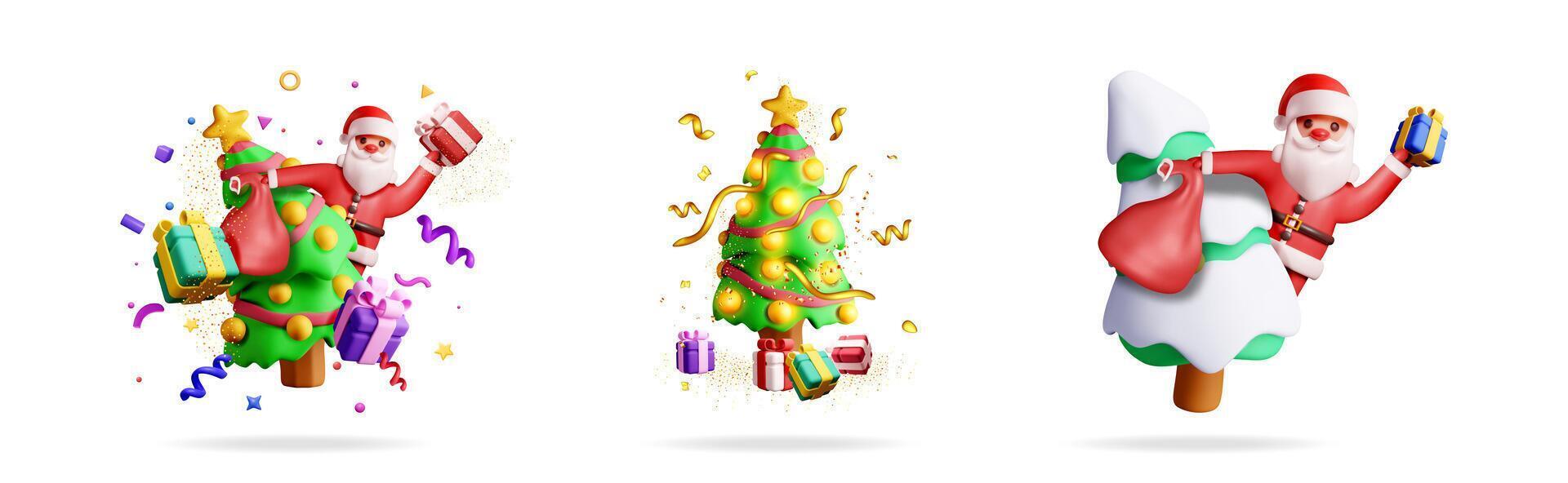 Santa, christmas trees, and gifts vector