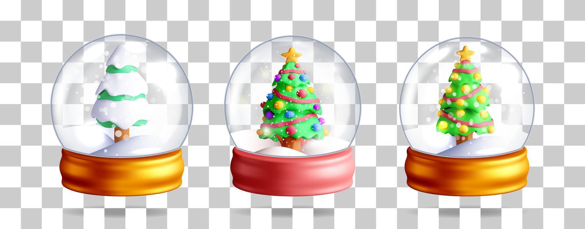 Three 3D snow globes with Christmas tree inside vector