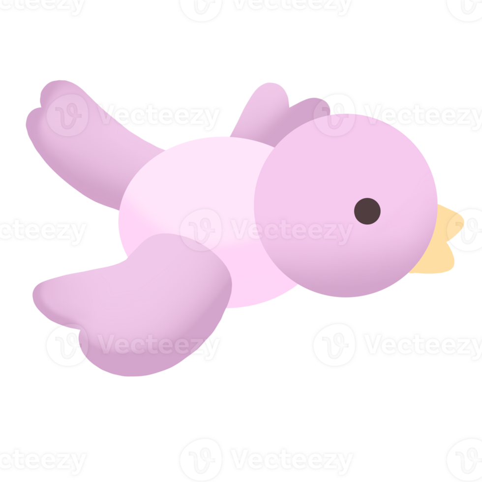 A cartoon bird with a pink and purple body and a yellow beak. png