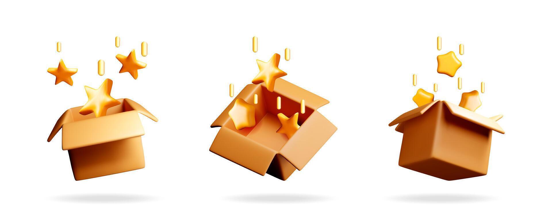 Set of 3d gift boxes with falling golden stars vector