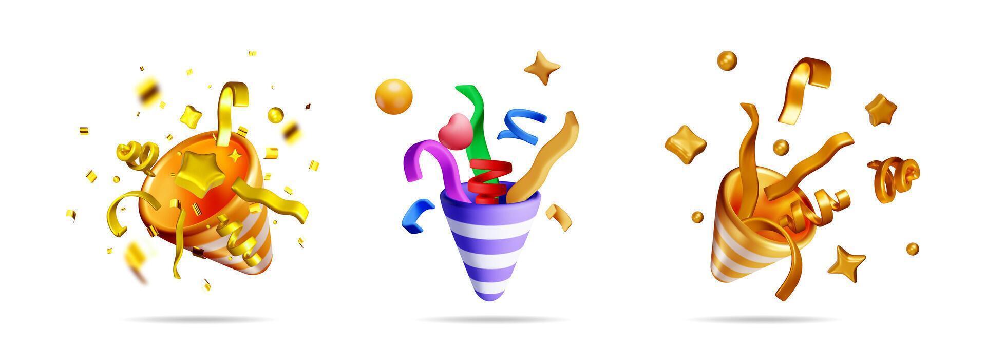 Set of 3d rendering party popper with confetti vector