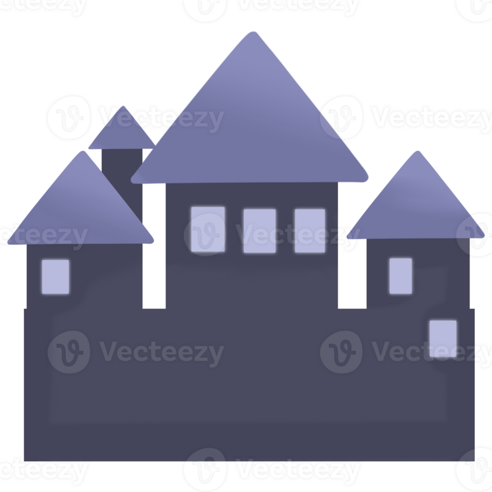 A purple castle with three turrets on top. png