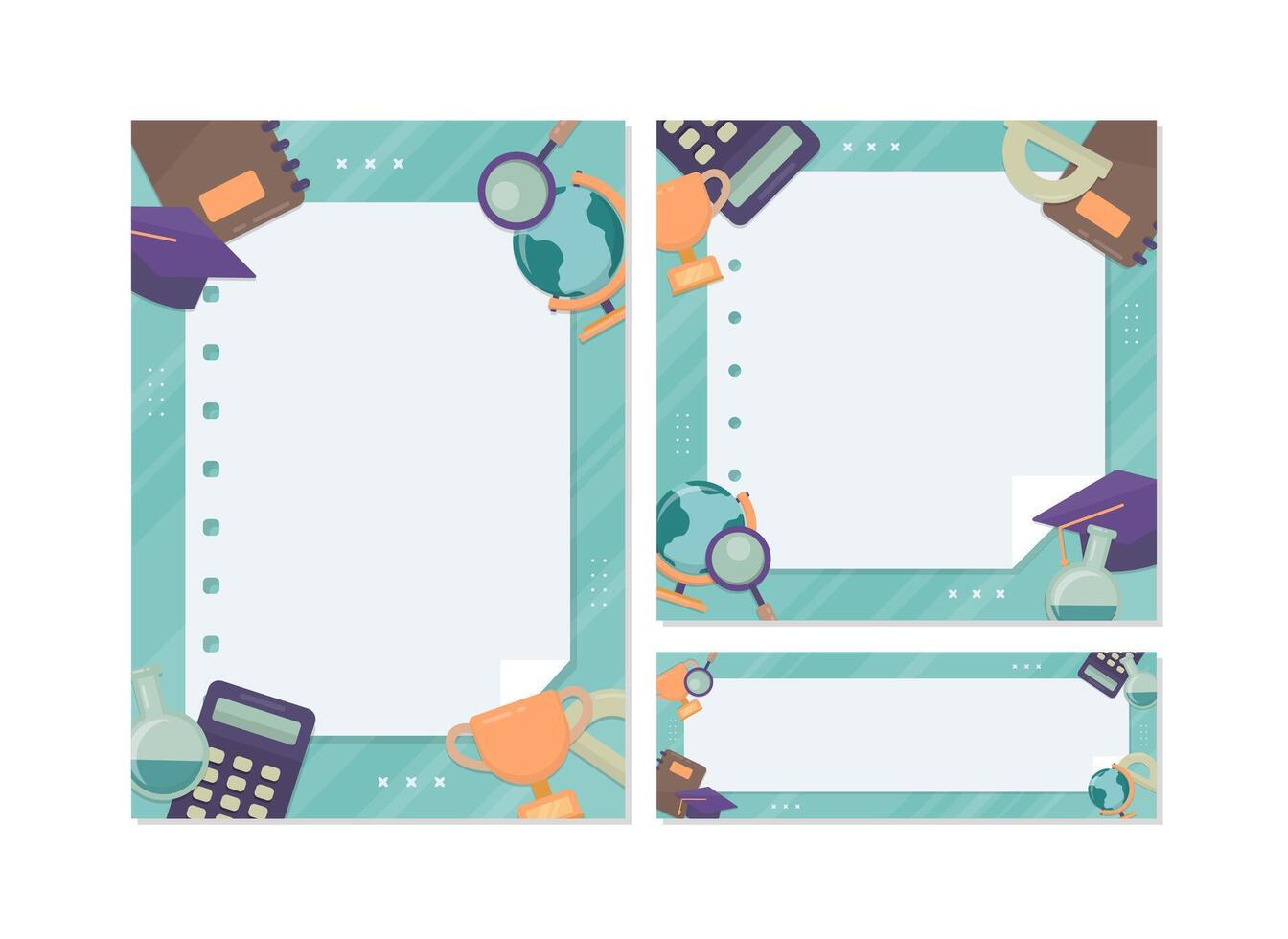 School themed template copy space background set with stationery elements such a notebook, calculator, and ruler. Back to school background collection vector