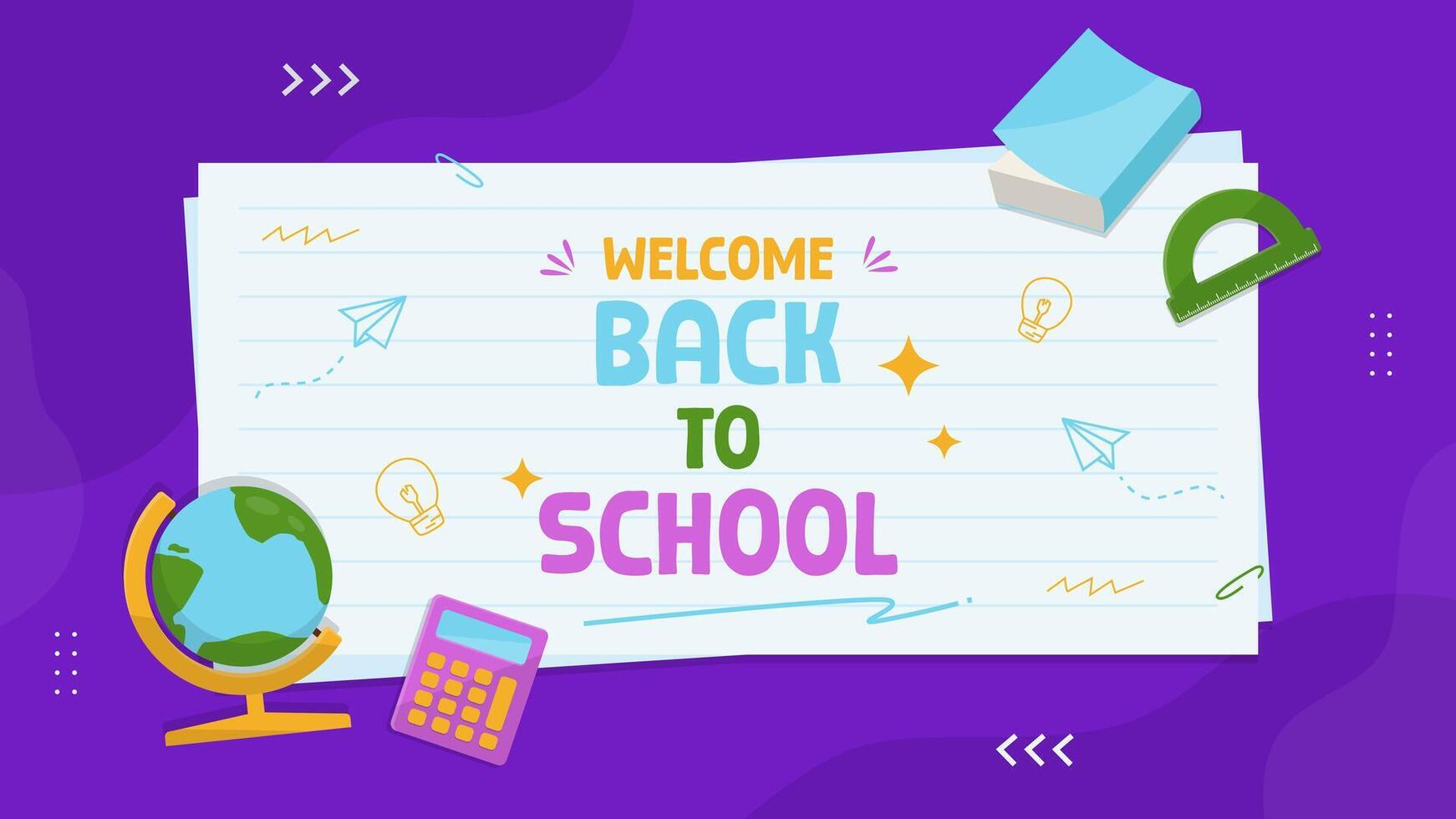 Welcome back to school greeting on purple background with paper and stationery. Back to school horizontal background template vector