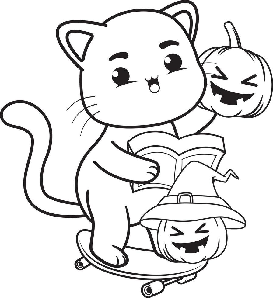 A cat on a skateboard with a pumpkin and a book coloring page vector