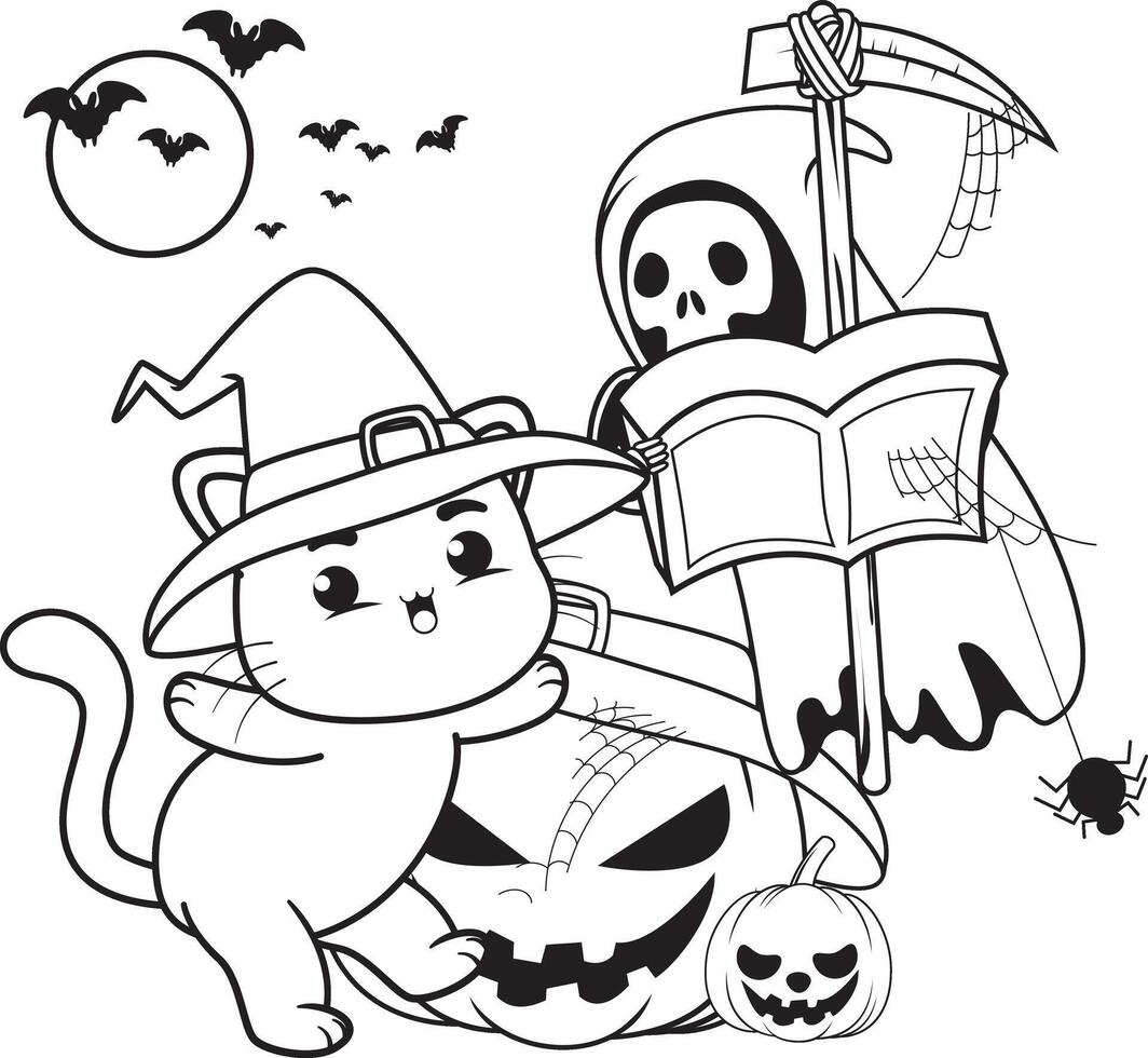 Halloween coloring page with cat vector