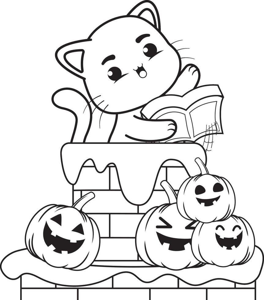A cat reading a book on a pile of pumpkins vector