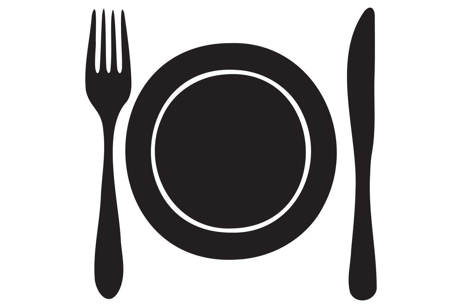 Minimal black silhouette of spoon fork knife and plate for dining room, cooking blog or restaurant branding vector