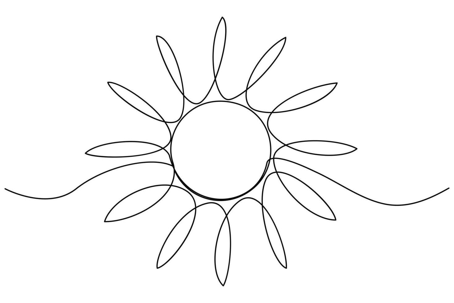 Minimal continuous line art of sun symbol representing summer warmth and sunshine in clean modern style vector