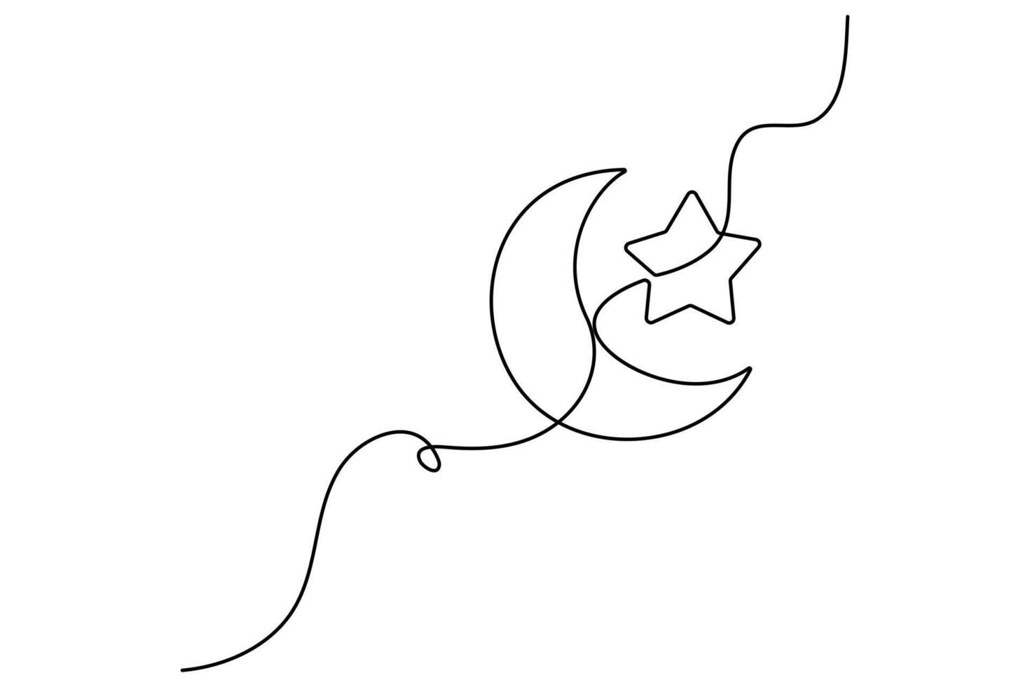 Ramadan crescent moon and star continuous one line drawing for Islamic holy month decoration on white background vector