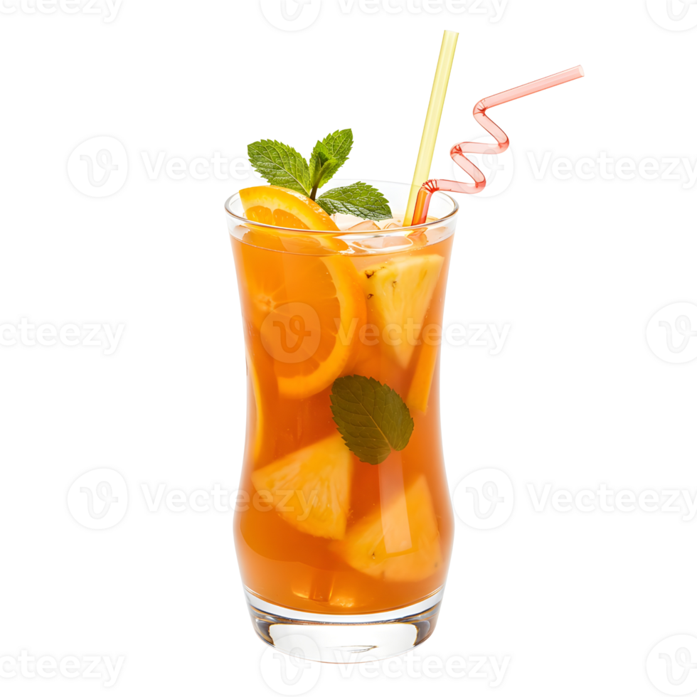 Tropical Cocktail Fruit Punch with Orange Slices and Straw Garnish on Curved Glass isolated png