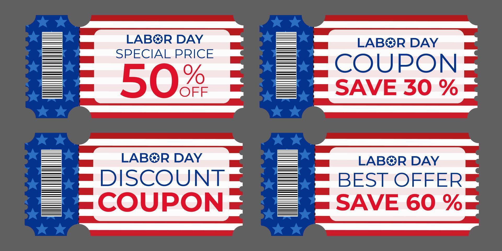 set of discount coupon templates with sales and special offers for Labor Day of the United States of America. vector