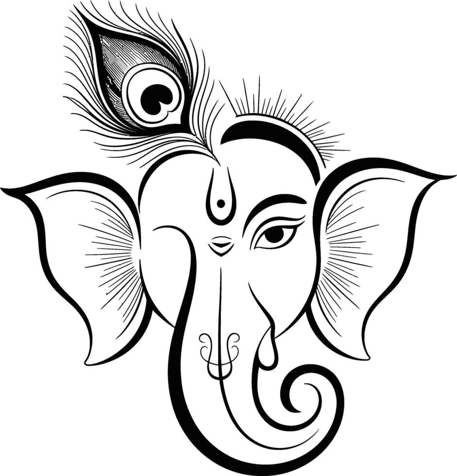 Elegant Lord Ganesha Line Art with Peacock Feather vector