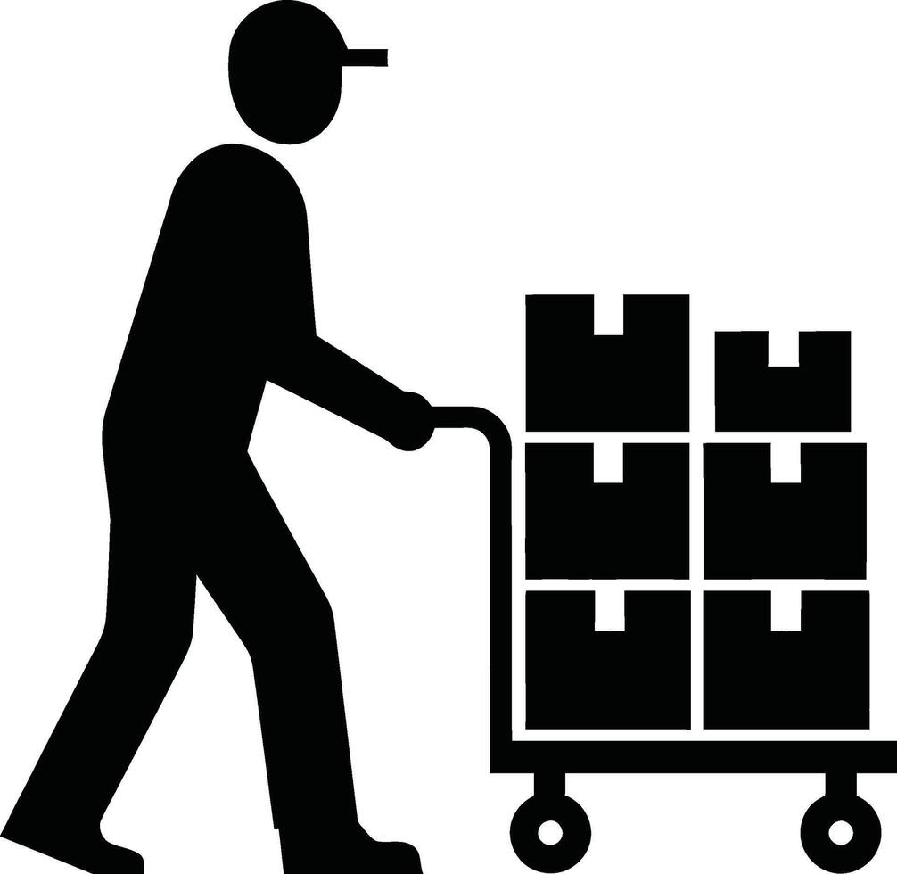 Warehouse Worker Pushing Trolley with Boxes Icon vector
