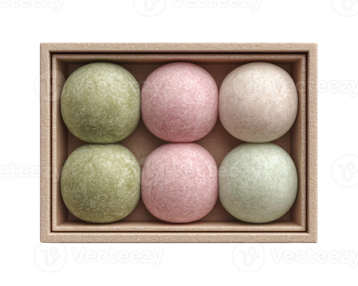 Six Colorful Japanese Mochi Balls in Wooden Box Display png