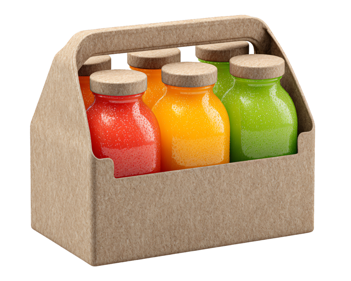 Colorful Juice Bottles in Eco-Friendly Carrier for Refreshing Beverages png