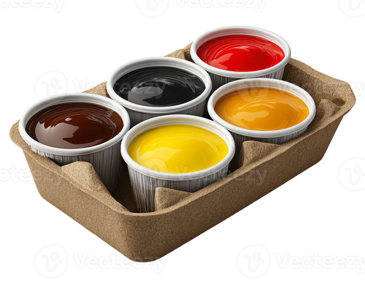 Five Containers of Various Paints in a Cardboard Tray for Creativity png