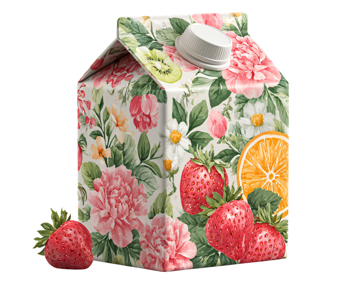 Colorful Juice Carton with Floral Design and Fresh Strawberries png