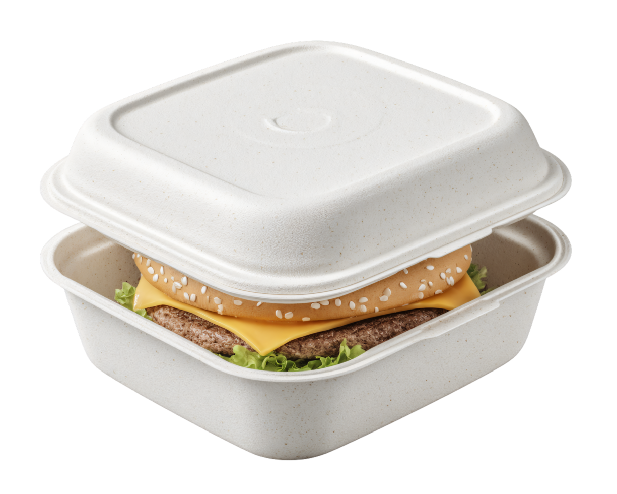 Eco-friendly takeout container with delicious cheeseburger inside png