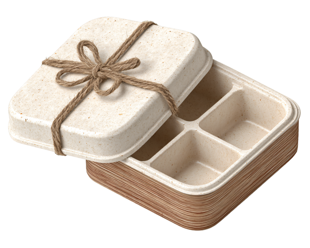 Eco-friendly food container with compartments and natural twine tie png