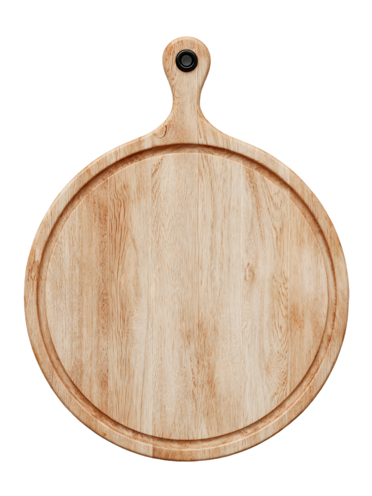 Round Wooden Cutting Board with Handle and Smooth Surface Design png