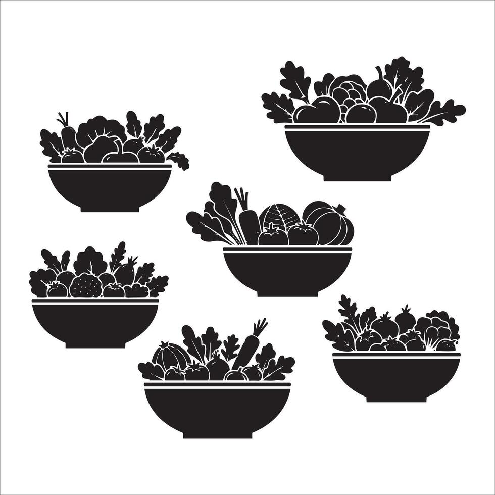 Collection of black silhouettes of bowls filled with fresh vegetables vector