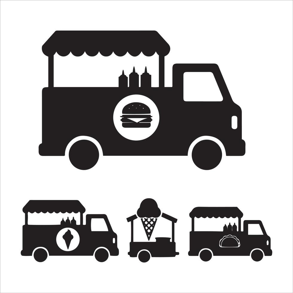 Collection of stylized black food trucks featuring burgers ice cream and tacos vector