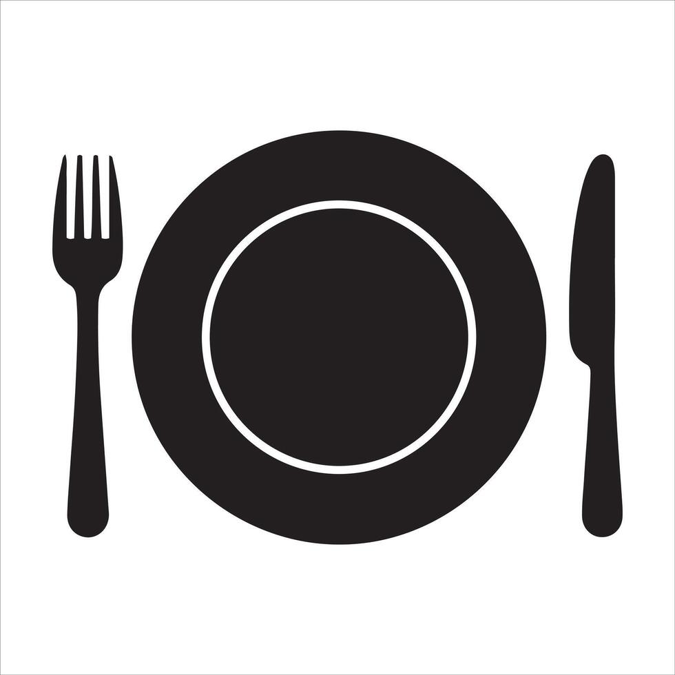 Simple black silhouette of a plate with fork and knife for dining vector