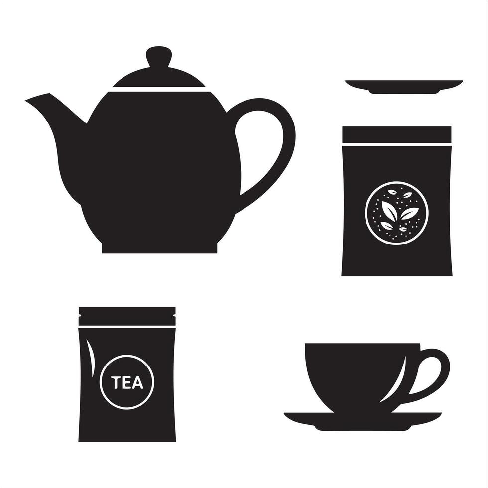 Collection of black tea related icons including a teapot tea bags and cup vector