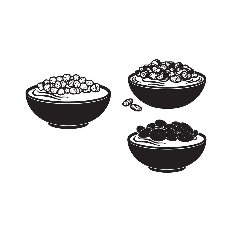 Three black bowls filled with various grains and legumes vector