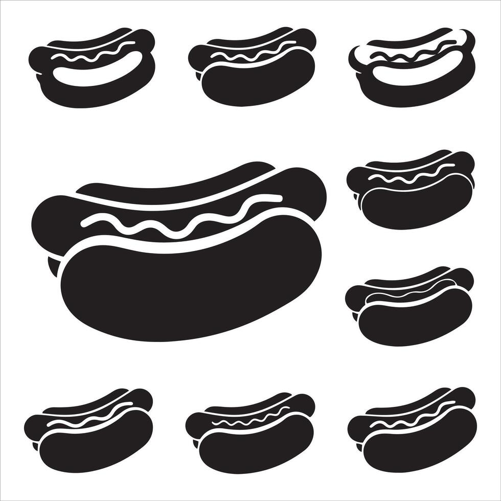 Collection of stylized black hot dog icons with wavy condiment details vector