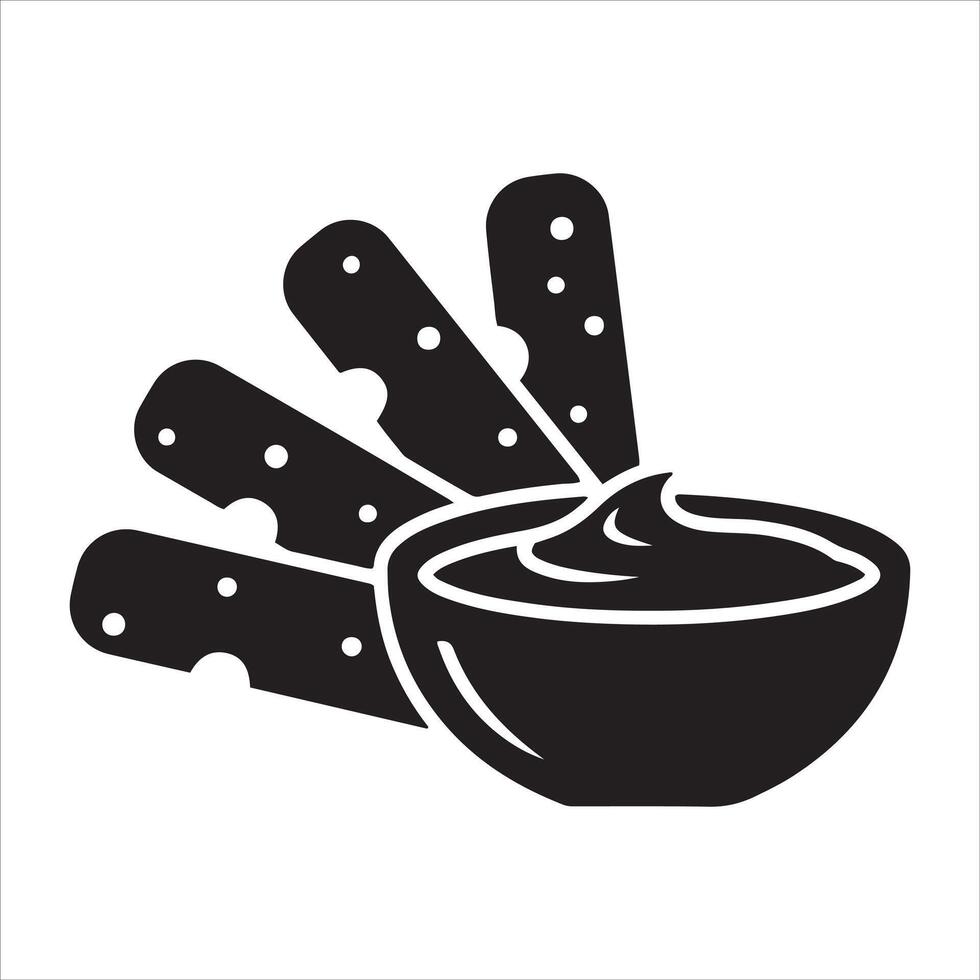 Black silhouette of cheese sticks dipping into a creamy sauce bowl vector