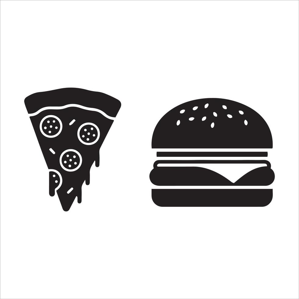 Stylized black icons of a pepperoni pizza slice and a cheeseburger vector