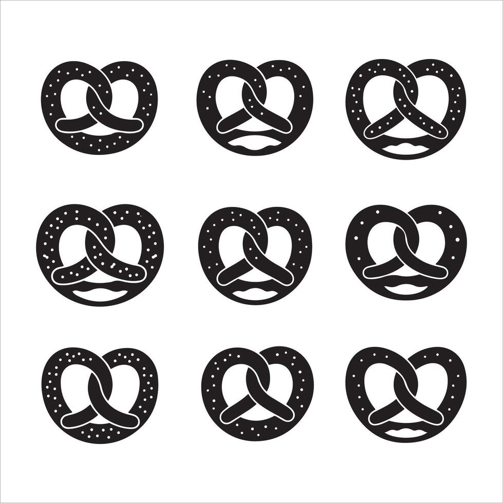 Nine black pretzel icons with white salt sprinkles on a white background vector
