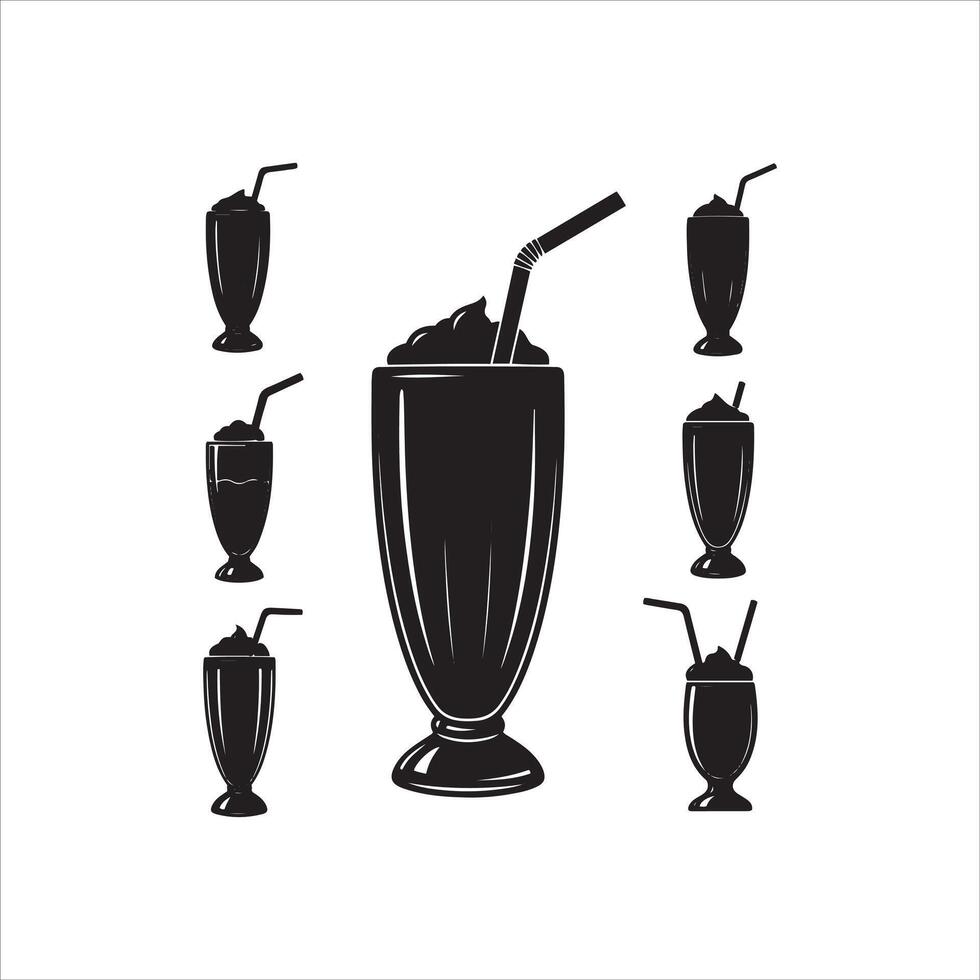 Collection of stylized black and white milkshake glasses with straws vector