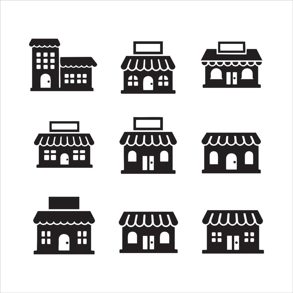 Collection of black silhouettes representing various storefronts and businesses vector