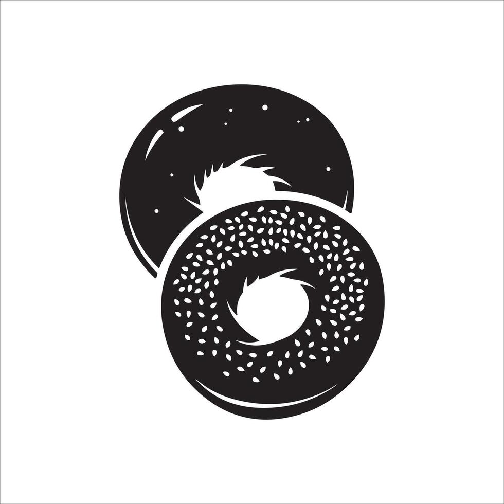 Two stylized black bagels with sesame seeds and plain top vector