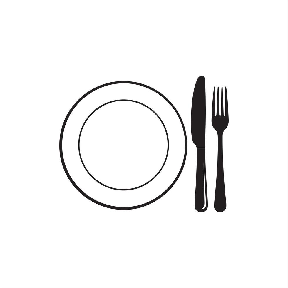 Simple black silhouette of a plate with knife and fork on white background vector